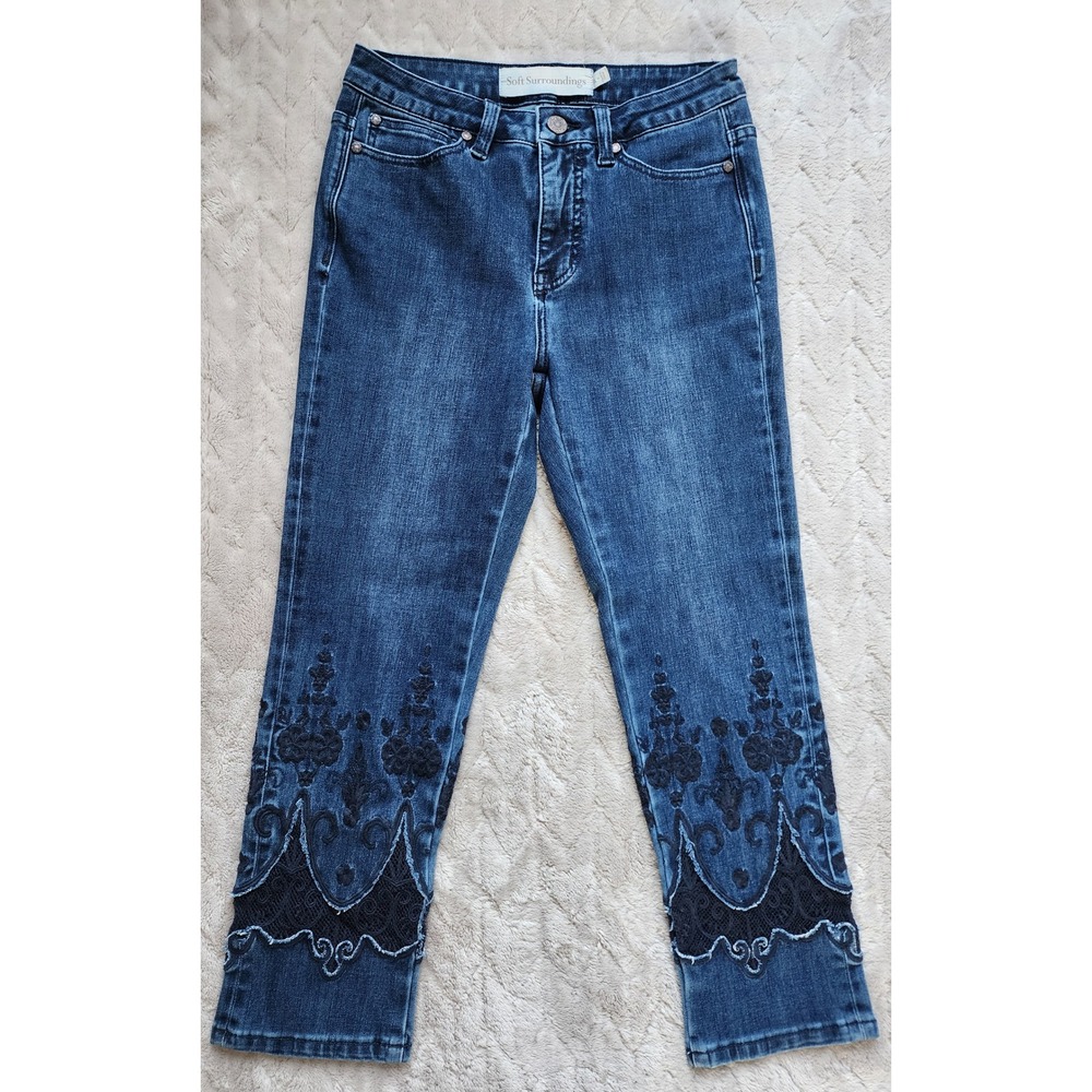 Soft Surroundings Embroidered Lace Hem Straight Leg Jeans Blue 2P
